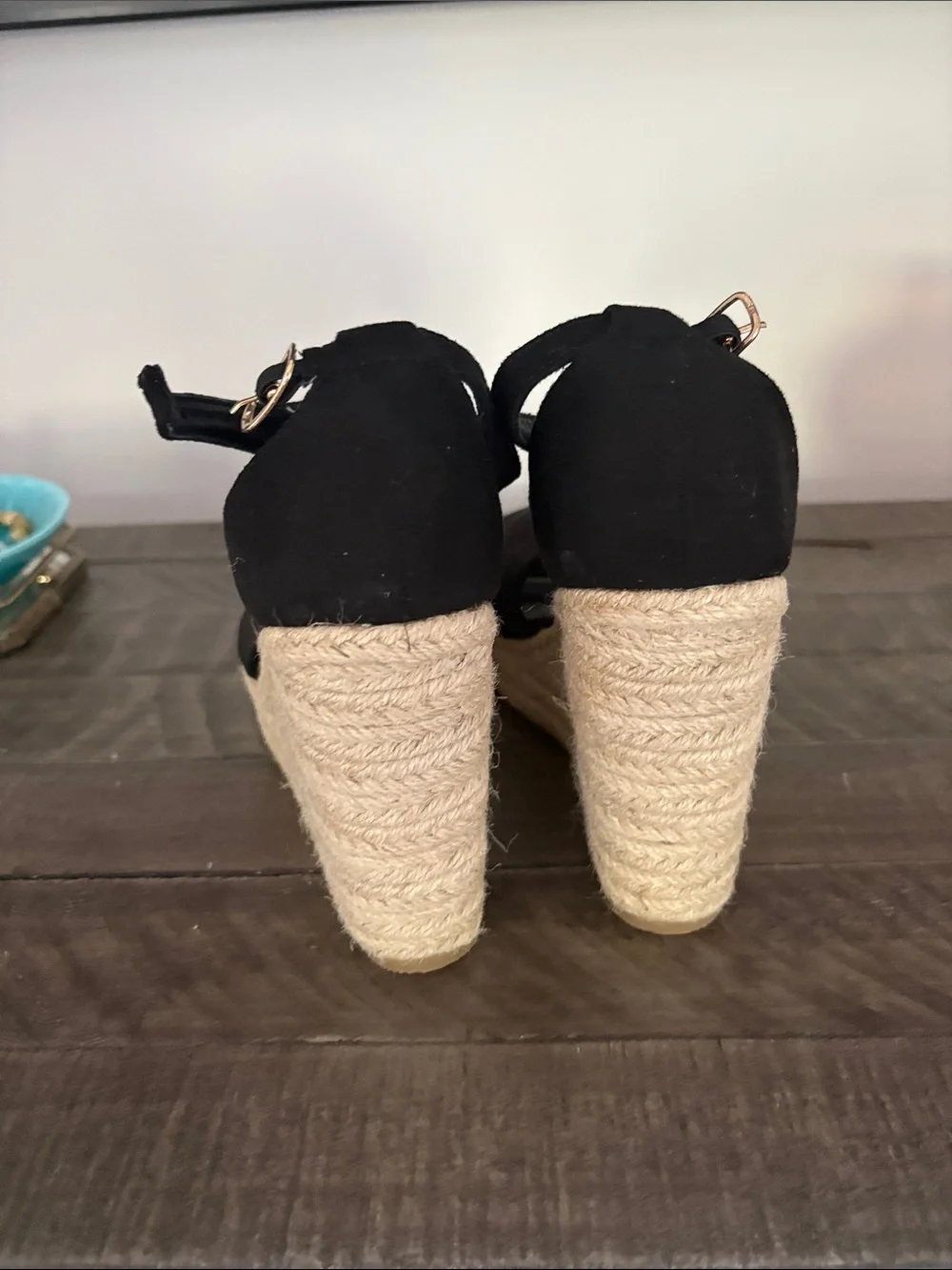 Black Espadrille Wedge Peep-Toe Sandals